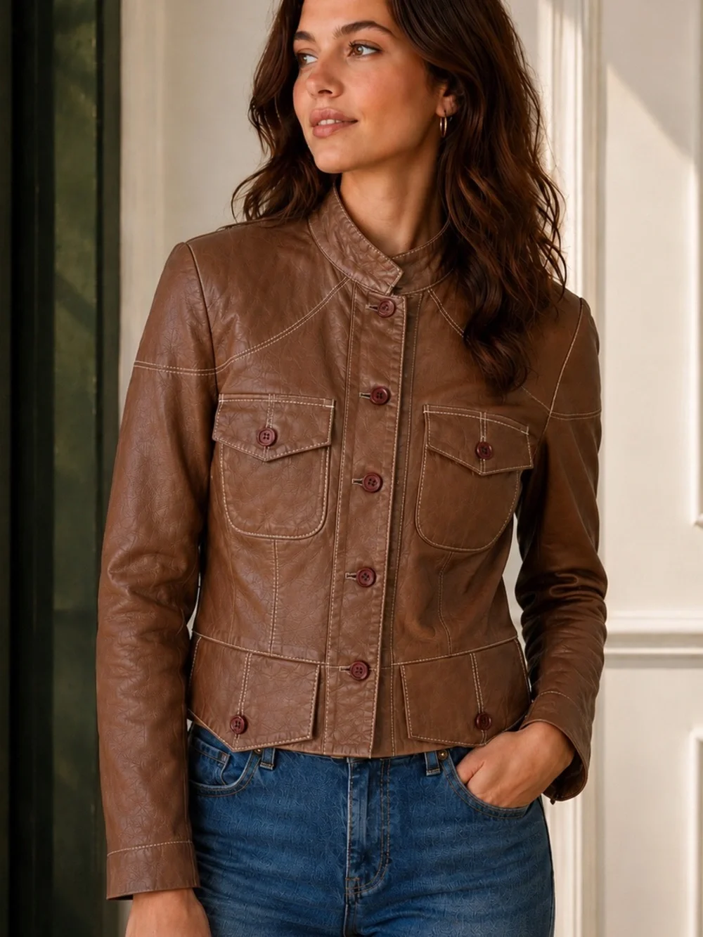Vintage Y2K Zelda Cognac Lamb Leather Jacket Utility Pocket Boho Size 8 - Picture 1 of 7